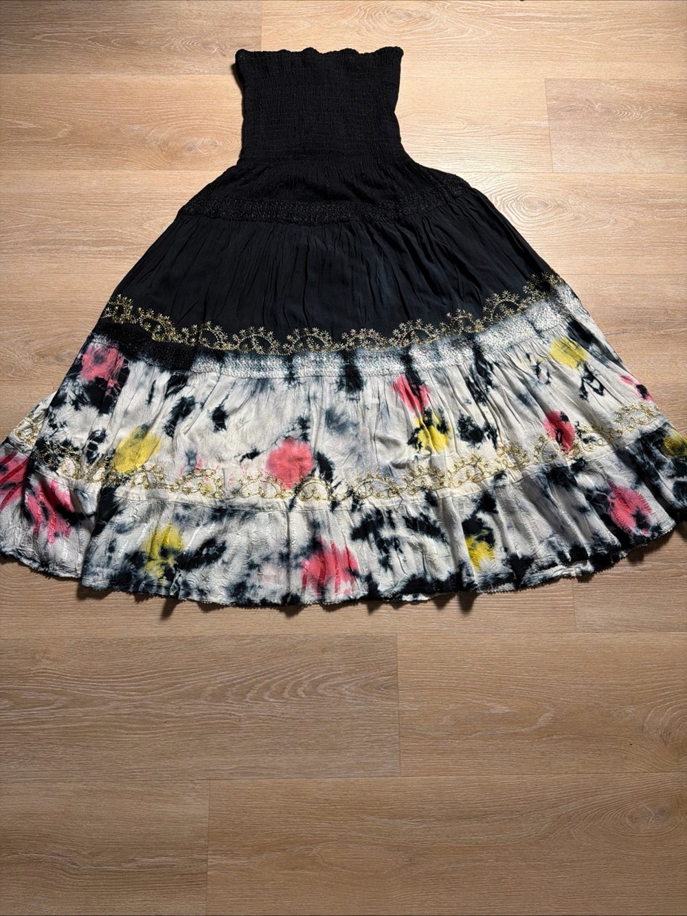 Vintage Y2K Fashion Terminal Boho Smocked Strapless Maxi Dress Tie Dye Festival